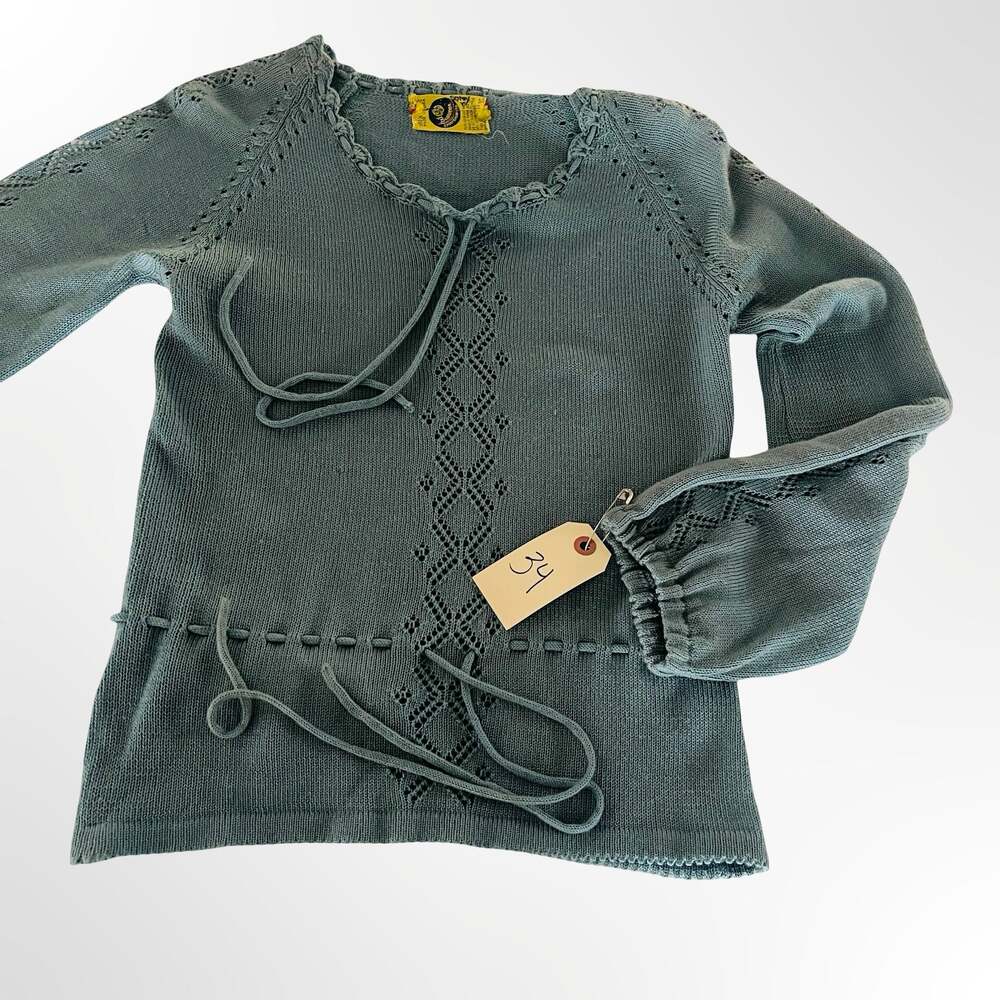 Vintage Beewear Boho Sage Green Pointelle Knit Tie-Front Peplum Top - Picture 5 of 8